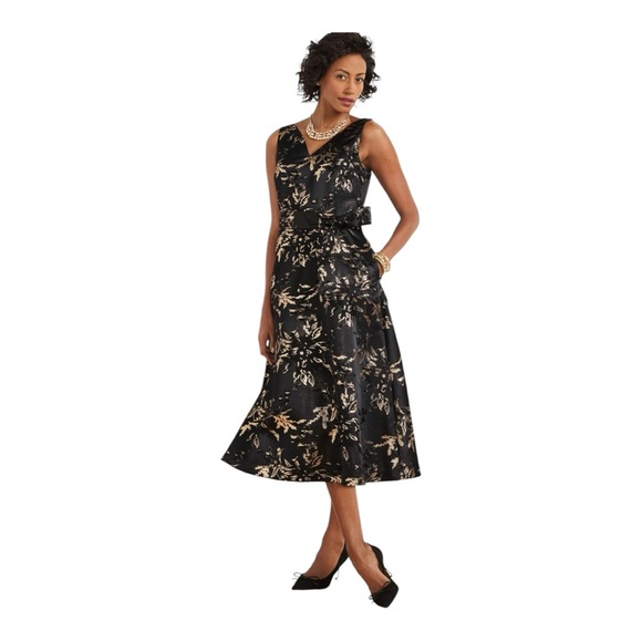 Talbots Petite Black & Gold Metallic Jacquard Fit & Flare Dress | 6P | New - Picture 8 of 9